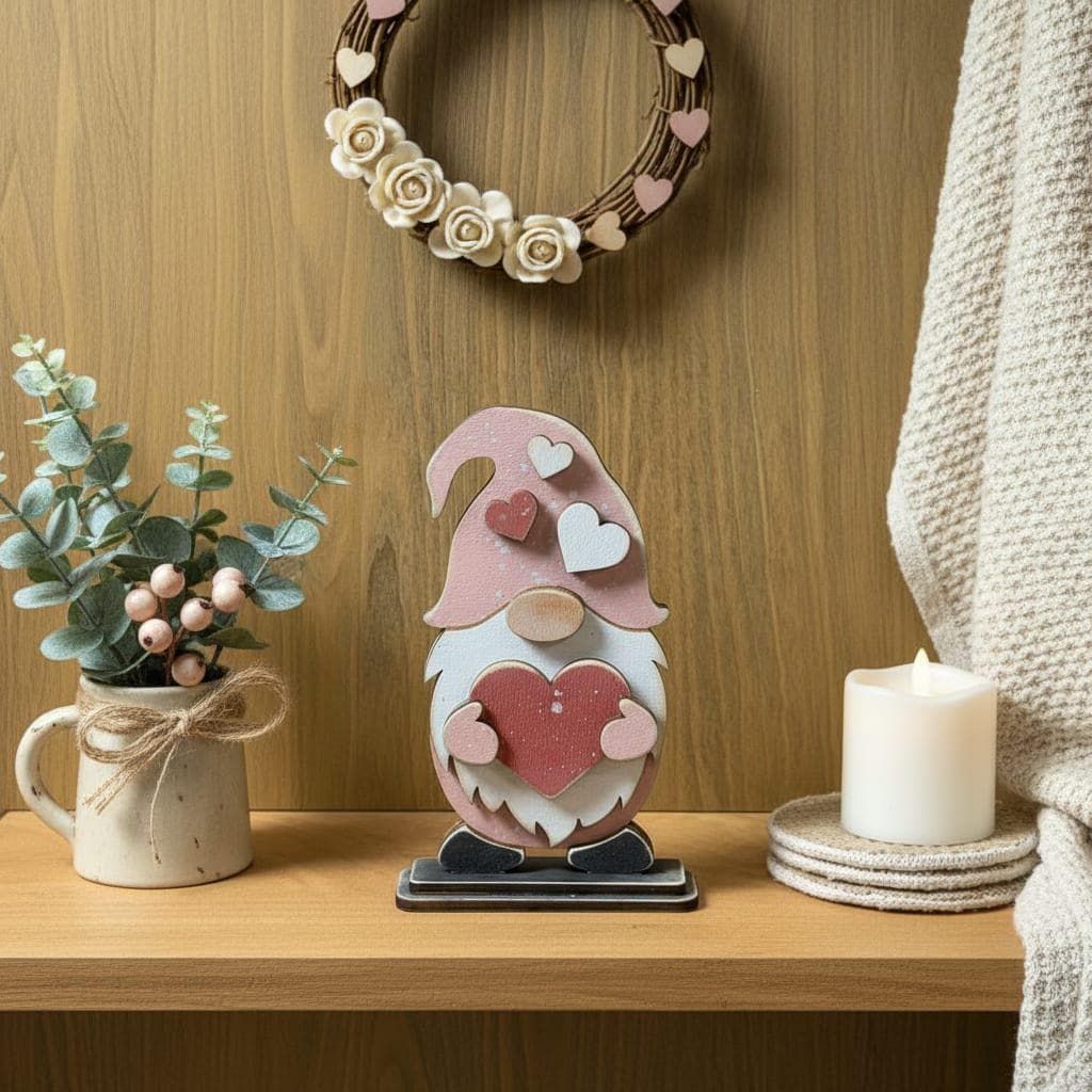 Valentine Gnome Shelf Sitter – Handmade Rustic Farmhouse Valentine Decor – Wooden Gnome with Heart Accent
