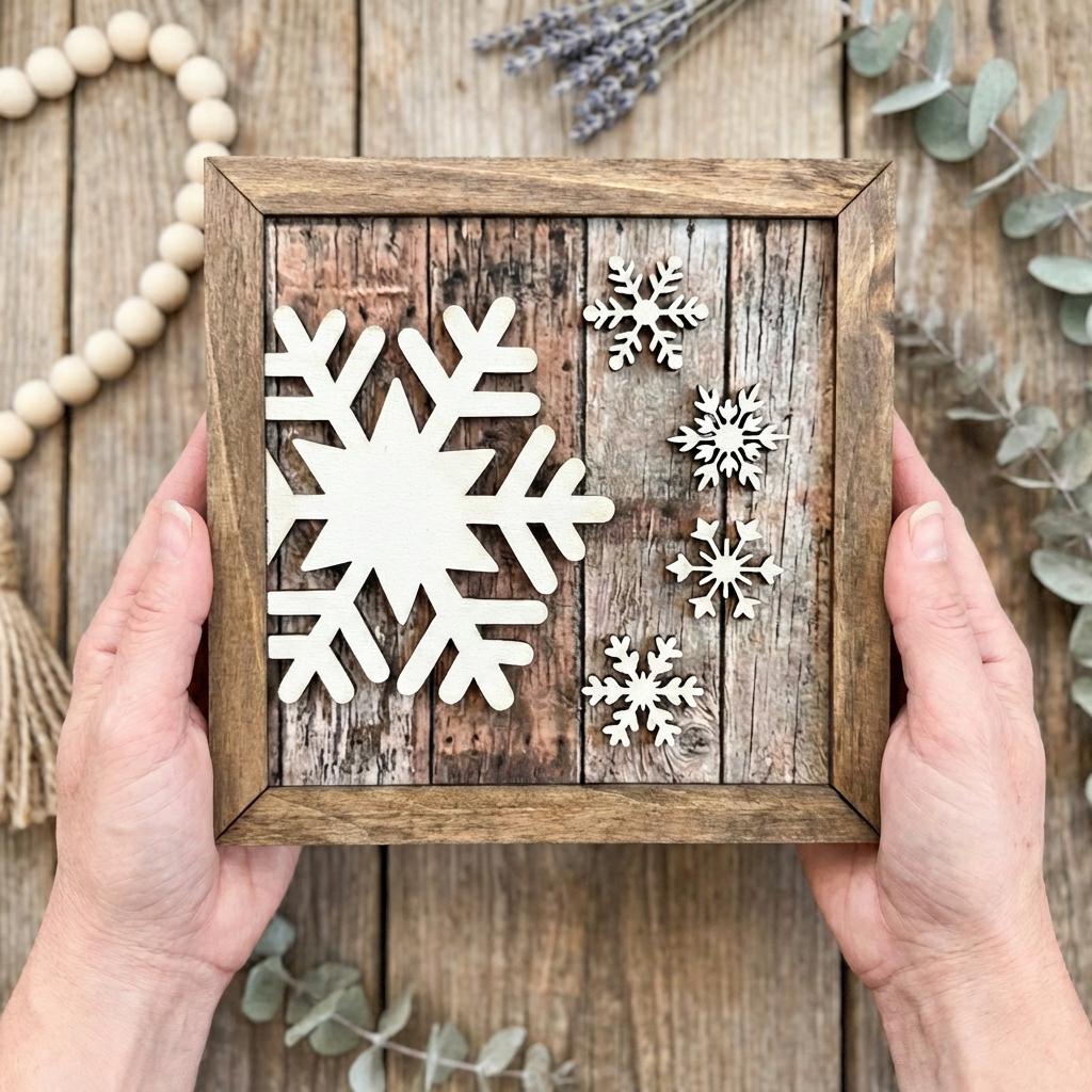 Winter Snowflake Sign, Layered Wood Snowflake Decor, Rustic Winter Shelf Sign, Farmhouse Winter Decor