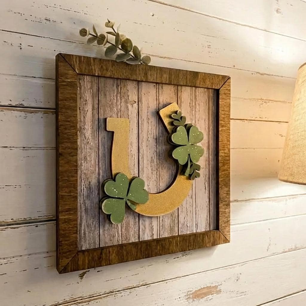 St Patrick’s Day Decor | Mini Framed Shamrock Art | Lucky Horseshoe & Clover Farmhouse Sign