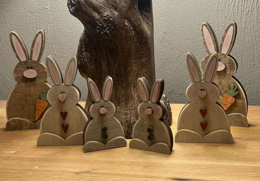 Rustic Wooden Bunny Decor Set – Hand Painted Easter Shelf Sitters – Farmhouse Spring Tiered Tray Decorations – Layered Wood Bunny Rabbits