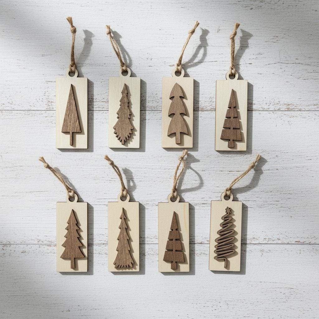 Rustic Mini Christmas Tree Ornaments – Set of 10 – Wooden Farmhouse Holiday Décor, Giftable in Gold Organza Bag, Stocking Stuffers