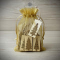 Rustic Mini Christmas Tree Ornaments – Set of 10 – Wooden Farmhouse Holiday Décor, Giftable in Gold Organza Bag, Stocking Stuffers