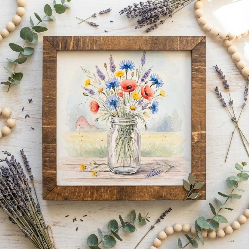 Floral Mason Jar Watercolor Wood Sign • Rustic Farmhouse Decor
