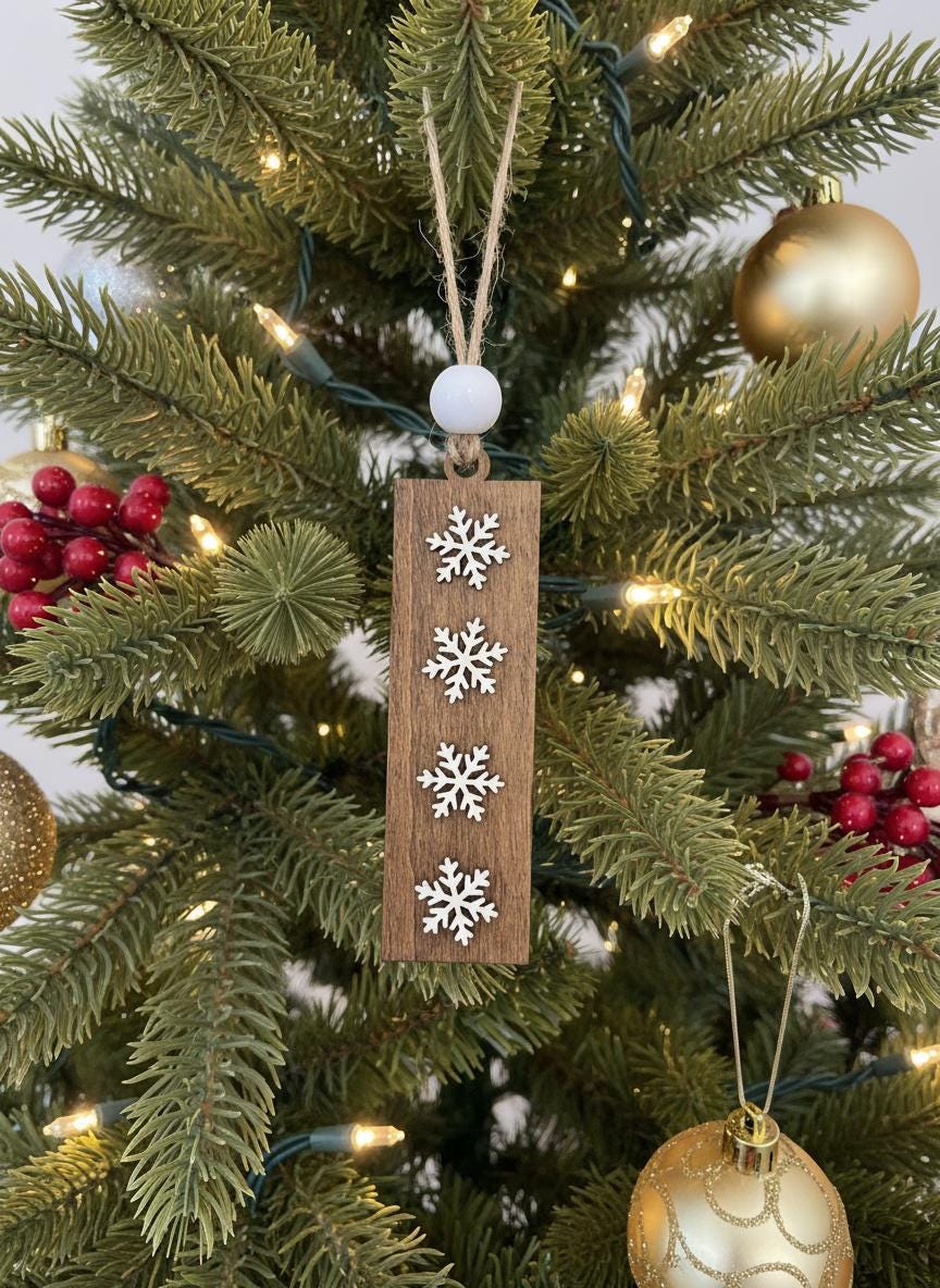 Rustic Wooden Snowflake Ornaments - Handmade Rectangle Christmas Tree Decor - Winter Holiday Farmhouse Style Single or Bulk