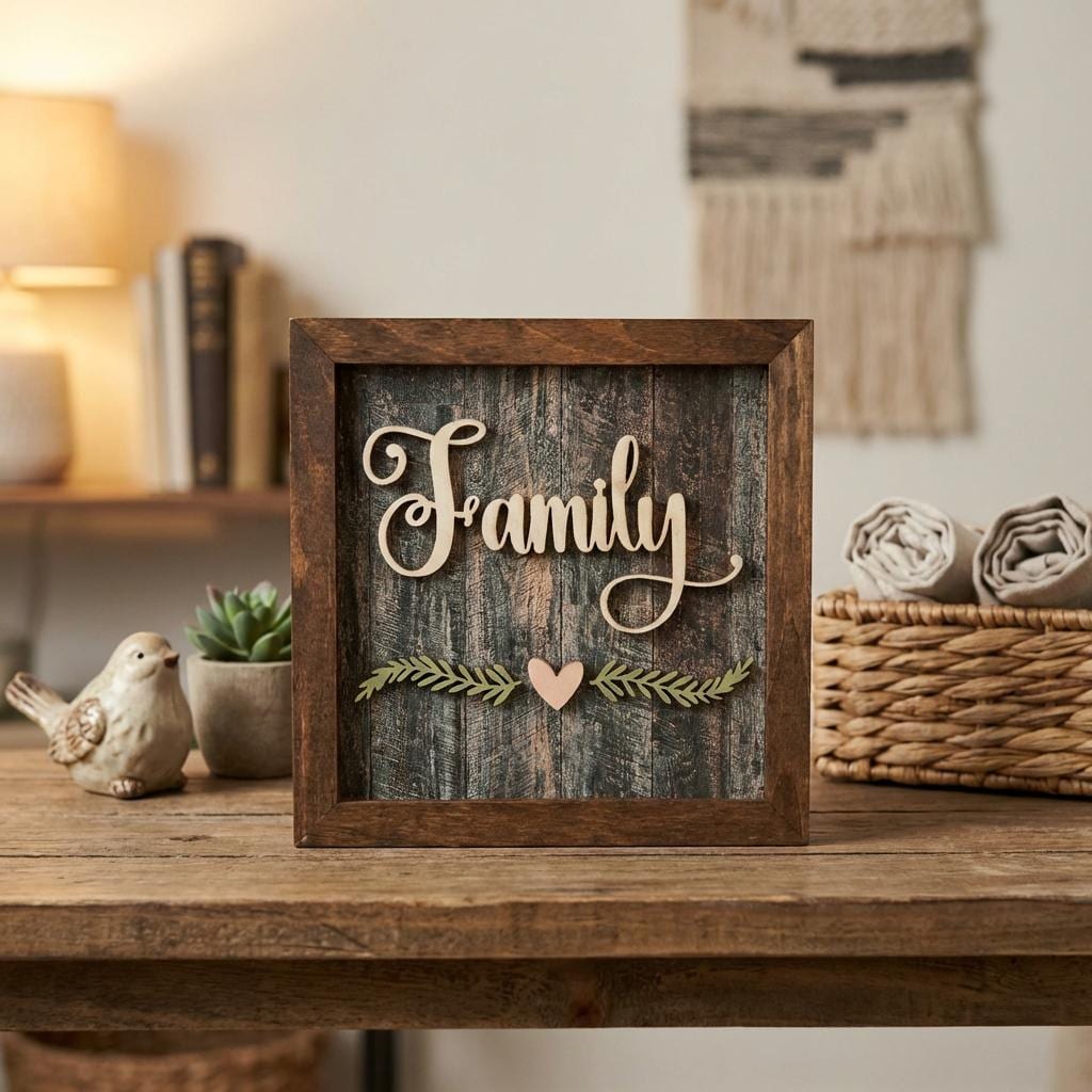 Family Framed Wood Sign with Easel, Rustic Farmhouse Family Decor, Layered Wood Wall Art or Shelf Sign, Housewarming or Family Gift