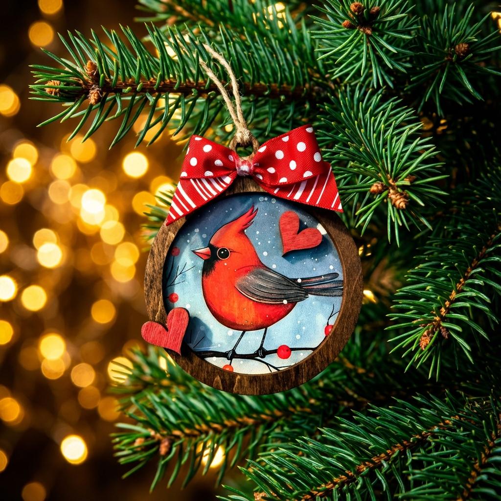 Rustic Cardinal Christmas Ornament • 3 Inch Round Wooden Ornament with Bow • Winter Bird Holiday Decor • Handmade Farmhouse Tree Ornament