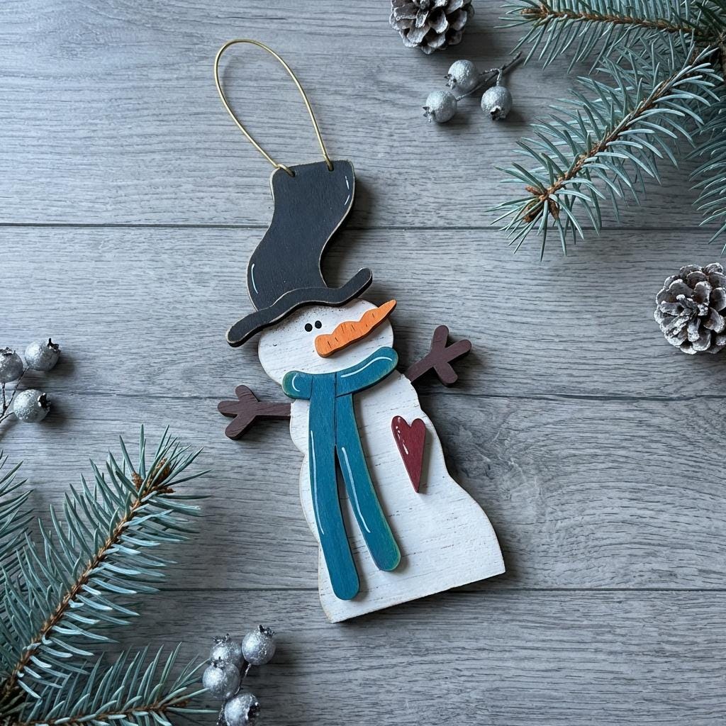 Rustic Snowman Ornament with Heart – Farmhouse Wooden Christmas Tree Decor – Layered Wood Holiday Ornament – Handmade Winter Snowman