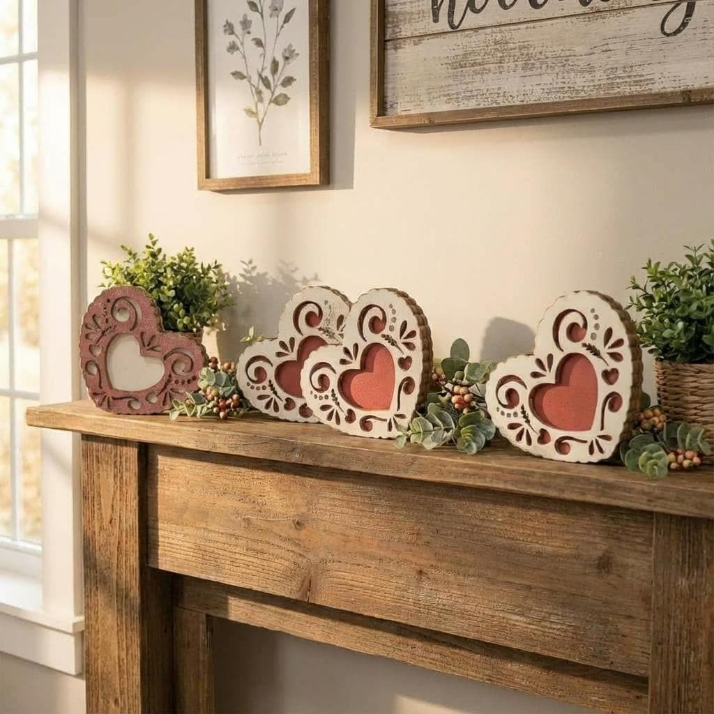 Mini Reversible Lacy Heart Decor – Rustic Valentine Shelf Sitter – Tiered Tray or Basket Stuffer