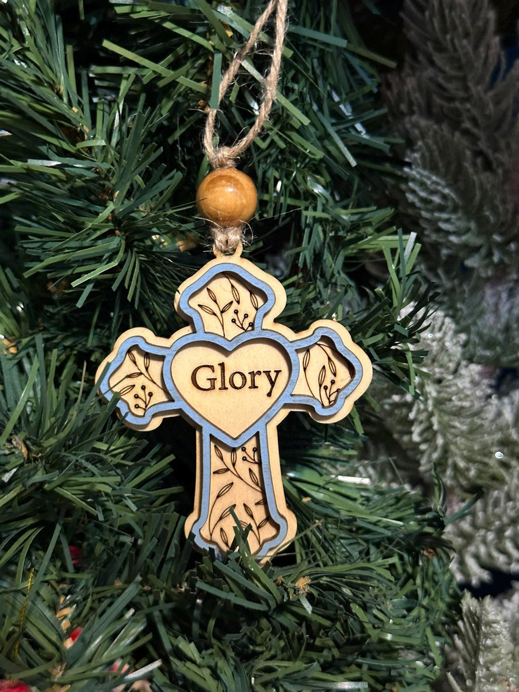 Rustic Cross Christmas Ornaments – Handcrafted Wooden "Glory" Cross Ornaments with Natural Bead, Two-Layer Design, Bulk/Wholesale Options
