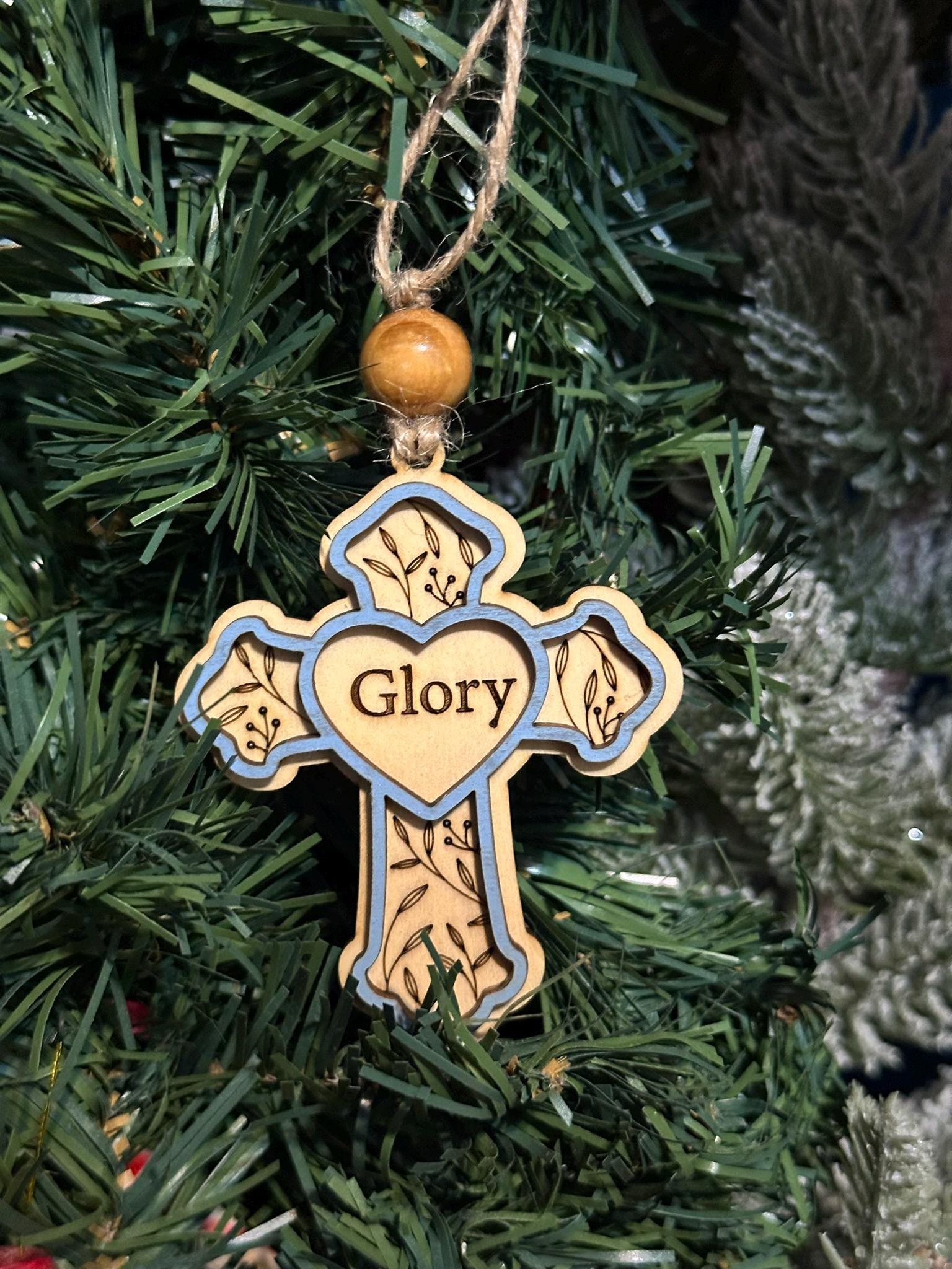Rustic Cross Christmas Ornaments – Handcrafted Wooden "Glory" Cross Ornaments with Natural Bead, Two-Layer Design, Bulk/Wholesale Options