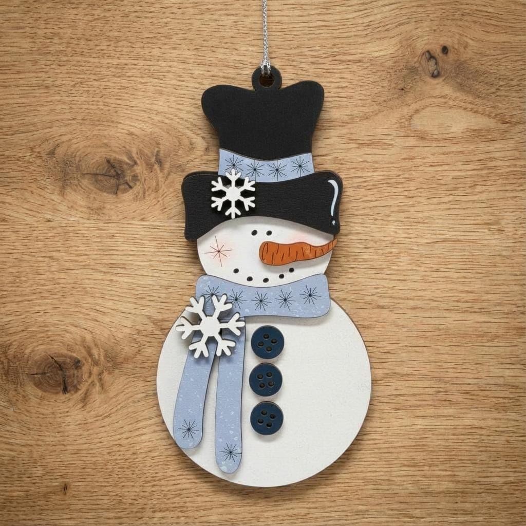 Rustic Snowman Ornament – Winter Blue Layered Wood Christmas Décor – Handmade Farmhouse Snowman, 3D Holiday Ornament, 5.5”
