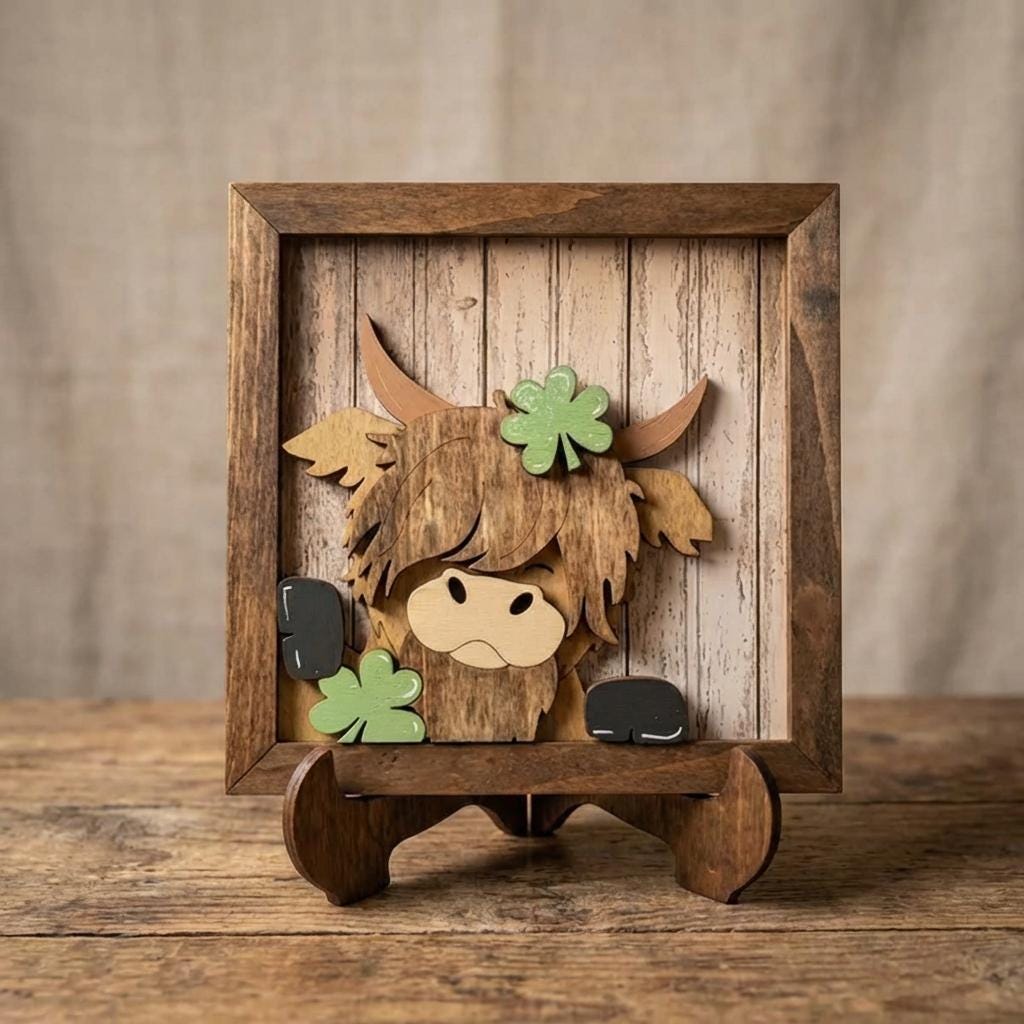 Highland Cow St Patrick’s Day Decor – Rustic Layered Wood Farmhouse Wall Art or Shelf Display – Irish Clover Cow