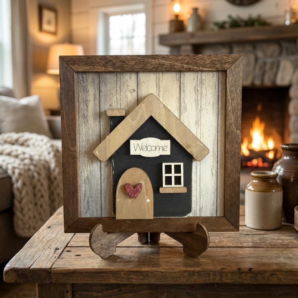 Welcome Wood Sign and Easel – Framed Layered Wood Decor with Easel, Rustic Farmhouse Shelf Sign, Housewarming Gift