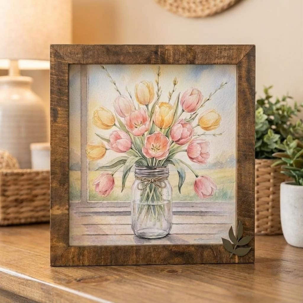 Tulip Mason Jar Wood Sign • Farmhouse Watercolor Floral Art