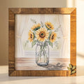 Sunflower Art Sign – Rustic Mason Jar Floral Wall Decor – 5.5” Framed Wood Sign with Leaf Embellishment – Garden Jar Art Signs