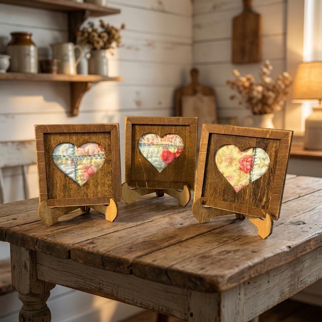 Reclaimed Quilt Heart Wood Sign – 3.75 Inch Rustic Valentine Decor – Handmade Fabric Heart – Farmhouse Shelf Decor INCLUDES Easel