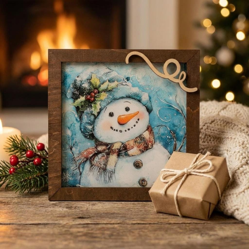 Snowman Art Sign 5.5 Inch – Rustic Farmhouse Winter Decor, Framed Snowman Wall Art, Cozy Christmas Shelf Sign, Handmade Wood Art