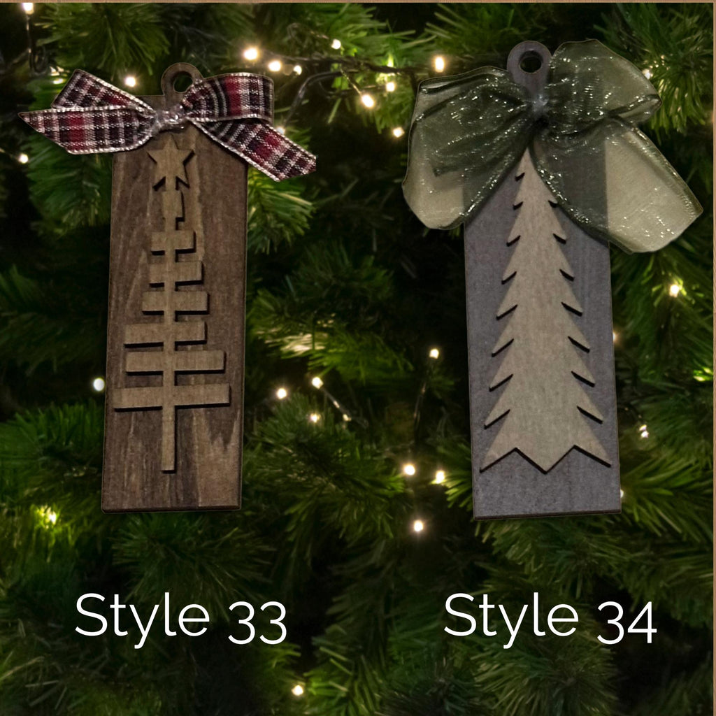 Rustic Wooden Christmas Tree Ornament with Bow • 4.5 inch Farmhouse Holiday Décor • Many Styles to Choose From