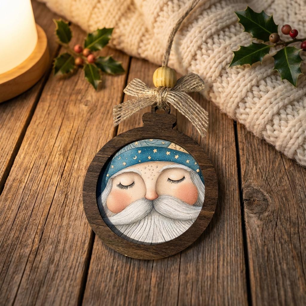Rustic Santa Ornament Set of 4, Handcrafted Wood Christmas Ornaments, Farmhouse Holiday Decor, Santa Face Ornament Gift Set