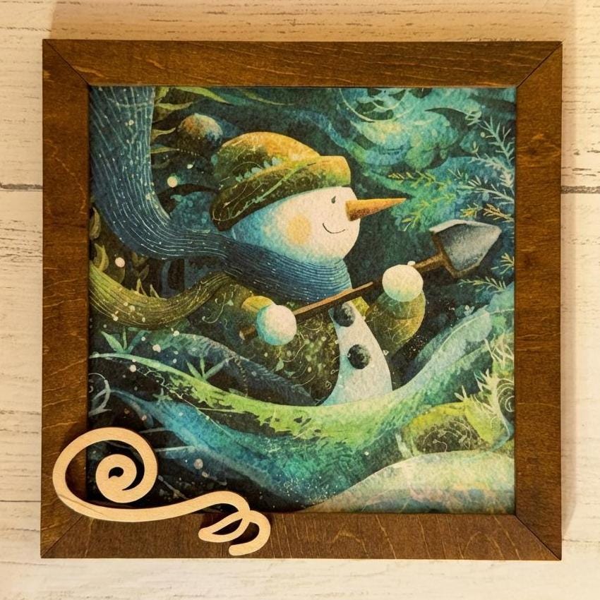 Snowman Art Sign 5.5 Inch – Rustic Farmhouse Winter Decor, Framed Snowman Wall Art, Cozy Christmas Shelf Sign, Handmade Wood Art