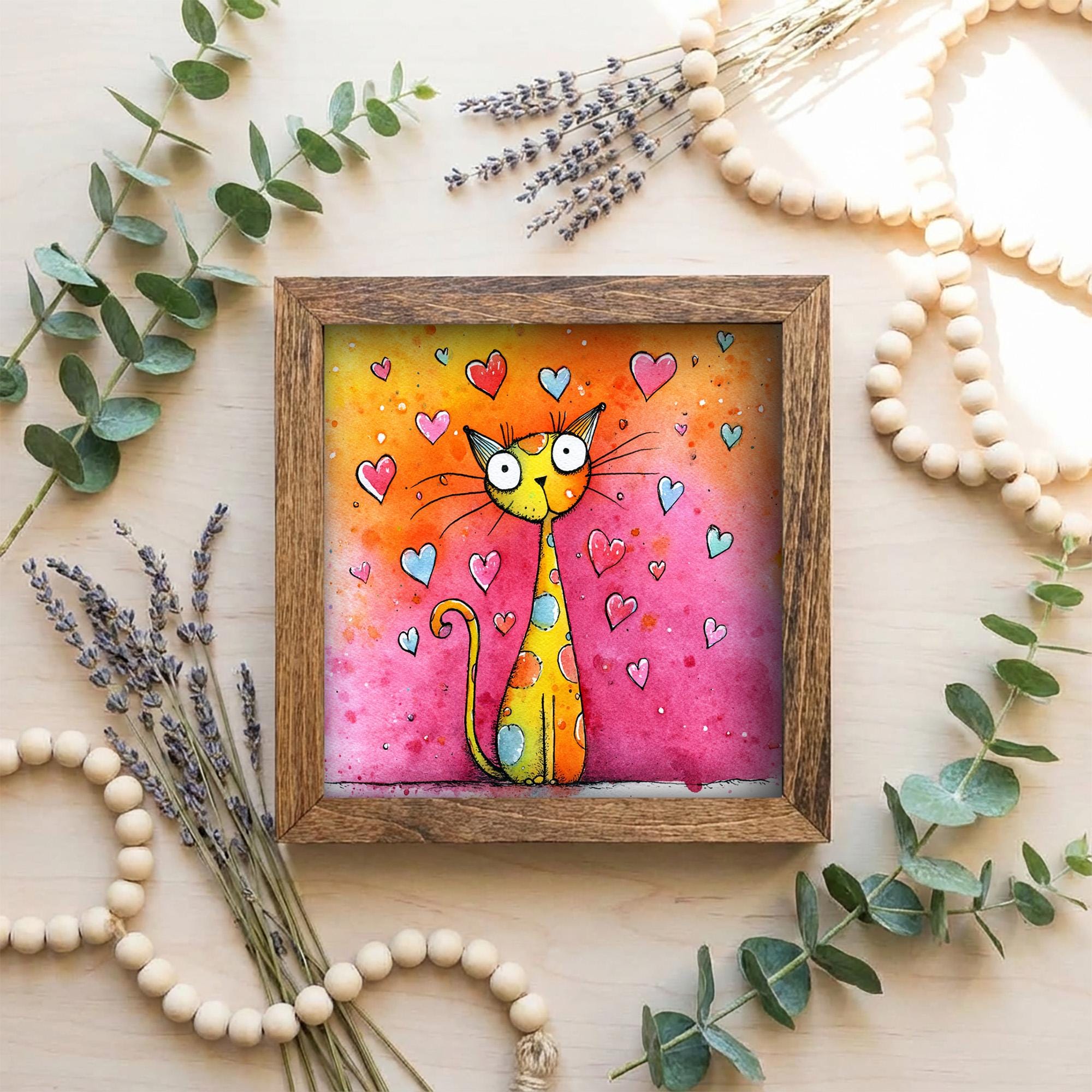 Whimsical Cat Love Art Framed Wall Decor 5.5 Inch | Cute Cat Valentine Gift | Colorful Farmhouse Cat Illustration