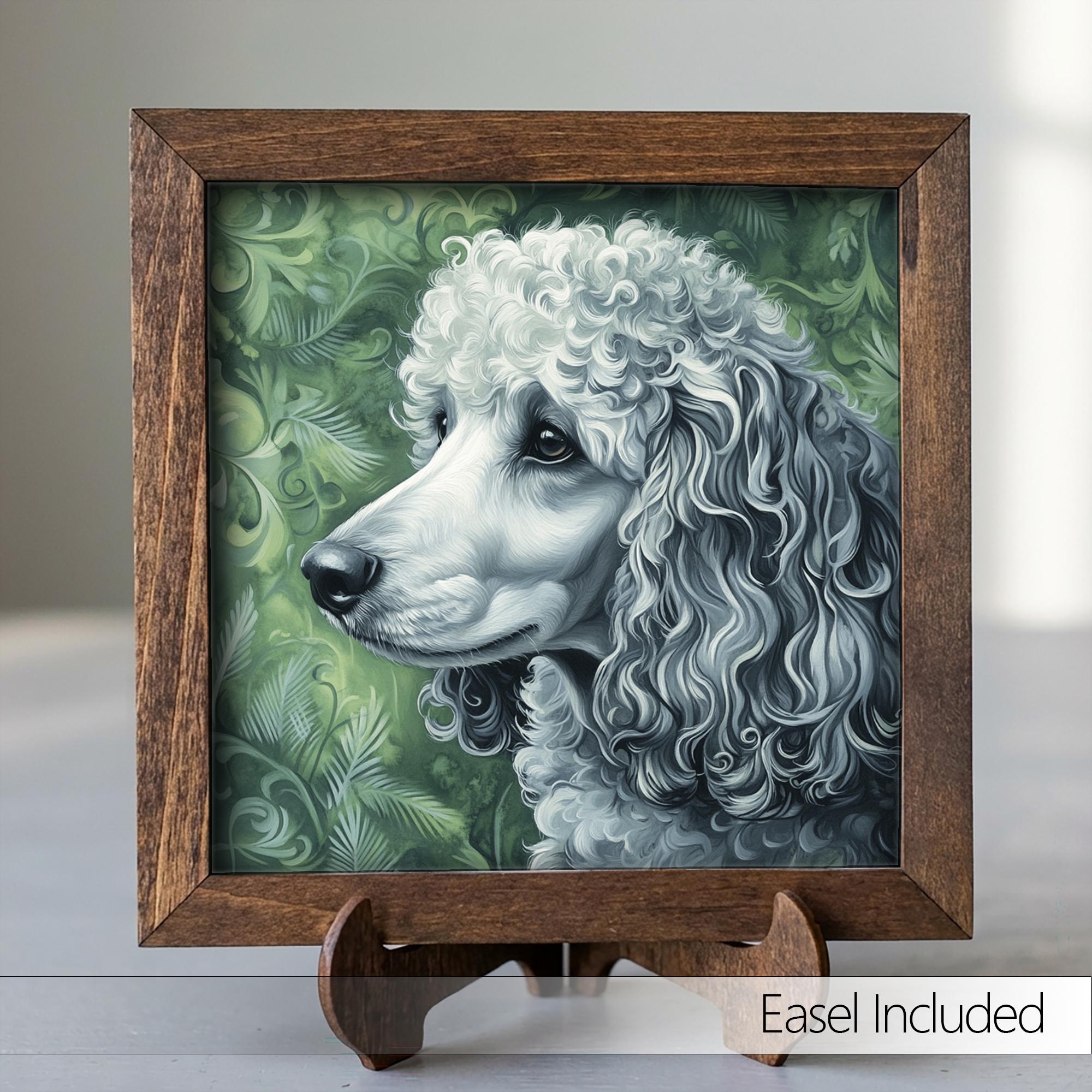 Silver Poodle Dog Framed Art, Watercolor Husky Portrait, 5.5 Inch Shelf Decor with Easel, Dog Lover Gift