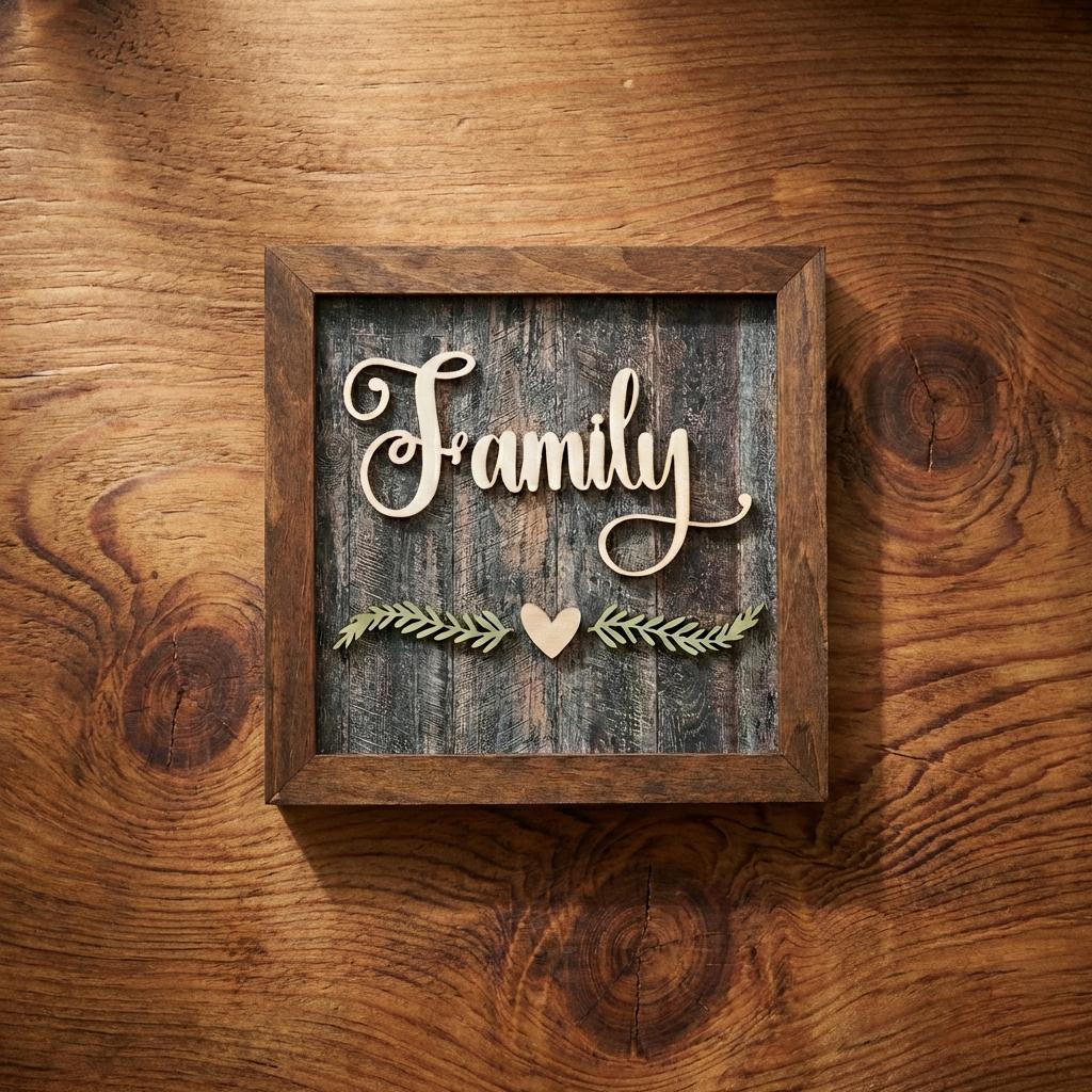Family Framed Wood Sign with Easel, Rustic Farmhouse Family Decor, Layered Wood Wall Art or Shelf Sign, Housewarming or Family Gift