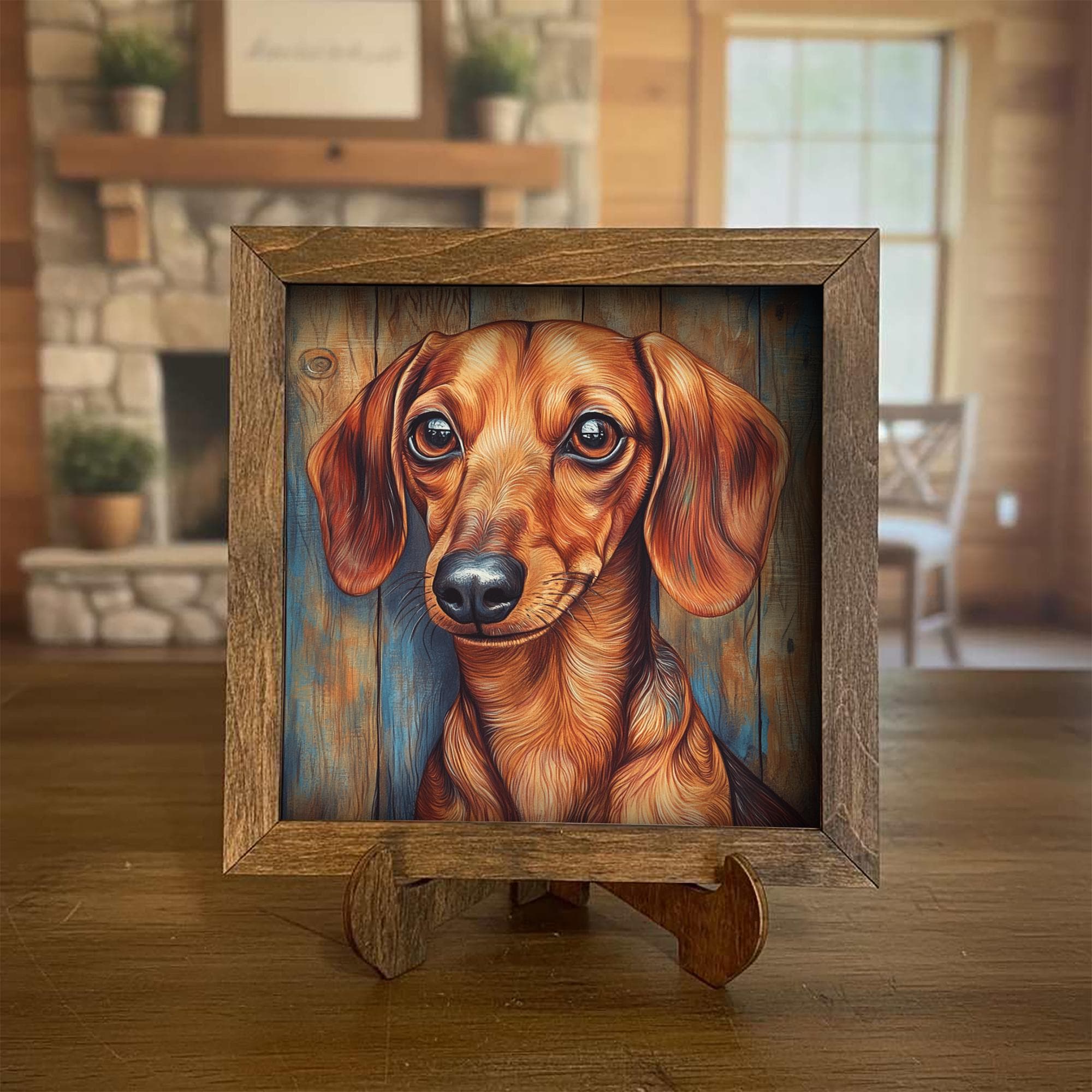 Red Dachshund Dog Framed Art, Watercolor Dachshund Portrait, 5.5 Inch Shelf Decor with Easel, Dog Lover Gift