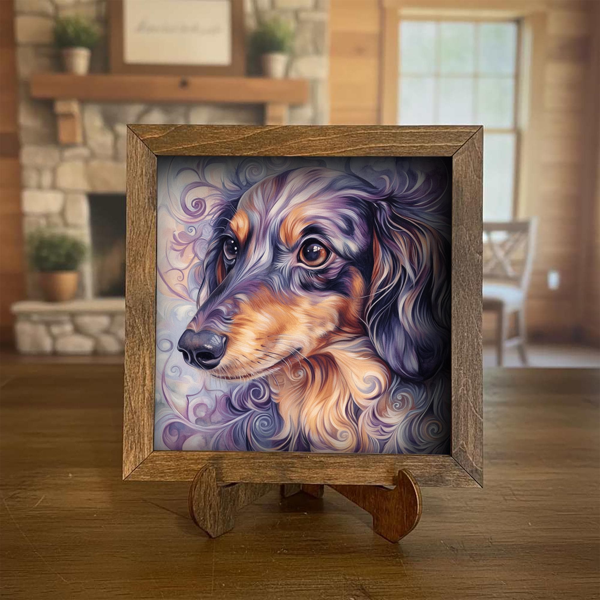 Dapple Dachshund Dog Framed Art, Watercolor Dachshund Portrait, 5.5 Inch Shelf Decor with Easel, Dog Lover Gift