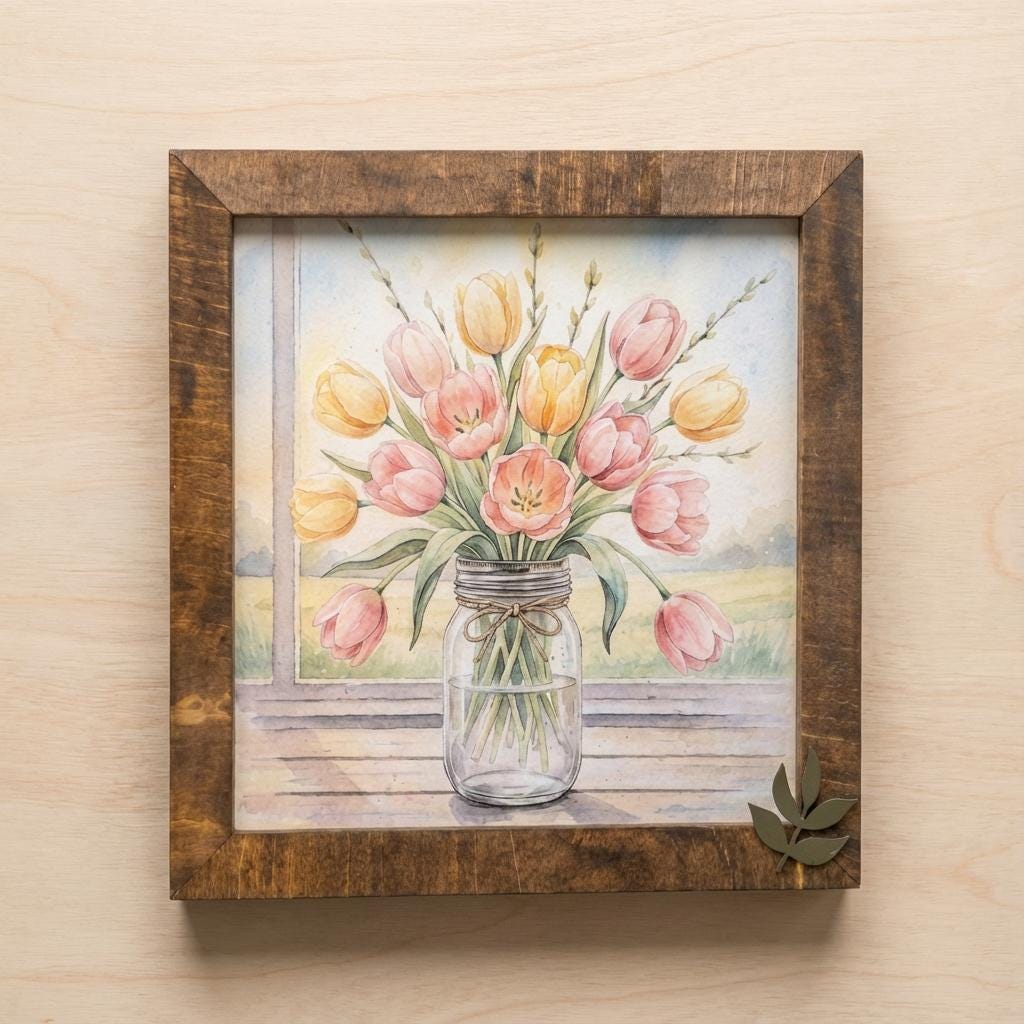 Tulip Mason Jar Wood Sign • Farmhouse Watercolor Floral Art