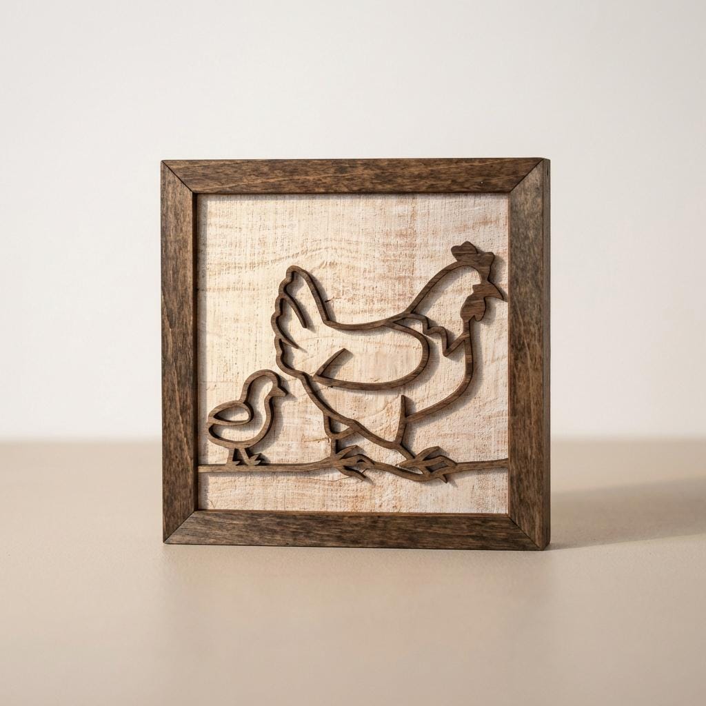 Rustic Farm Wall Art, Layered Wood Farm Decor, Hen & Chick Chicken Sign, Farmhouse Wall Hanging