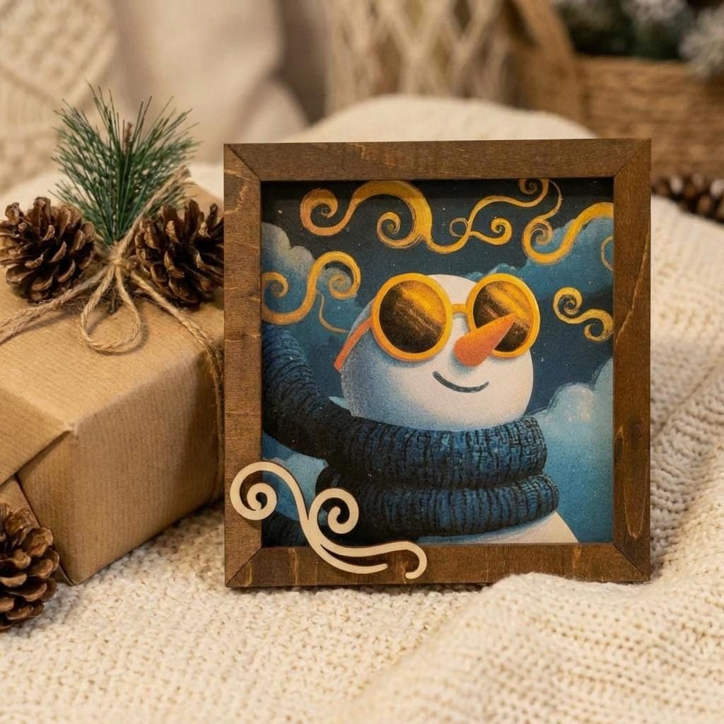 Snowman Art Sign 5.5 Inch – Rustic Farmhouse Winter Decor, Framed Snowman Wall Art, Cozy Christmas Shelf Sign, Handmade Wood Art