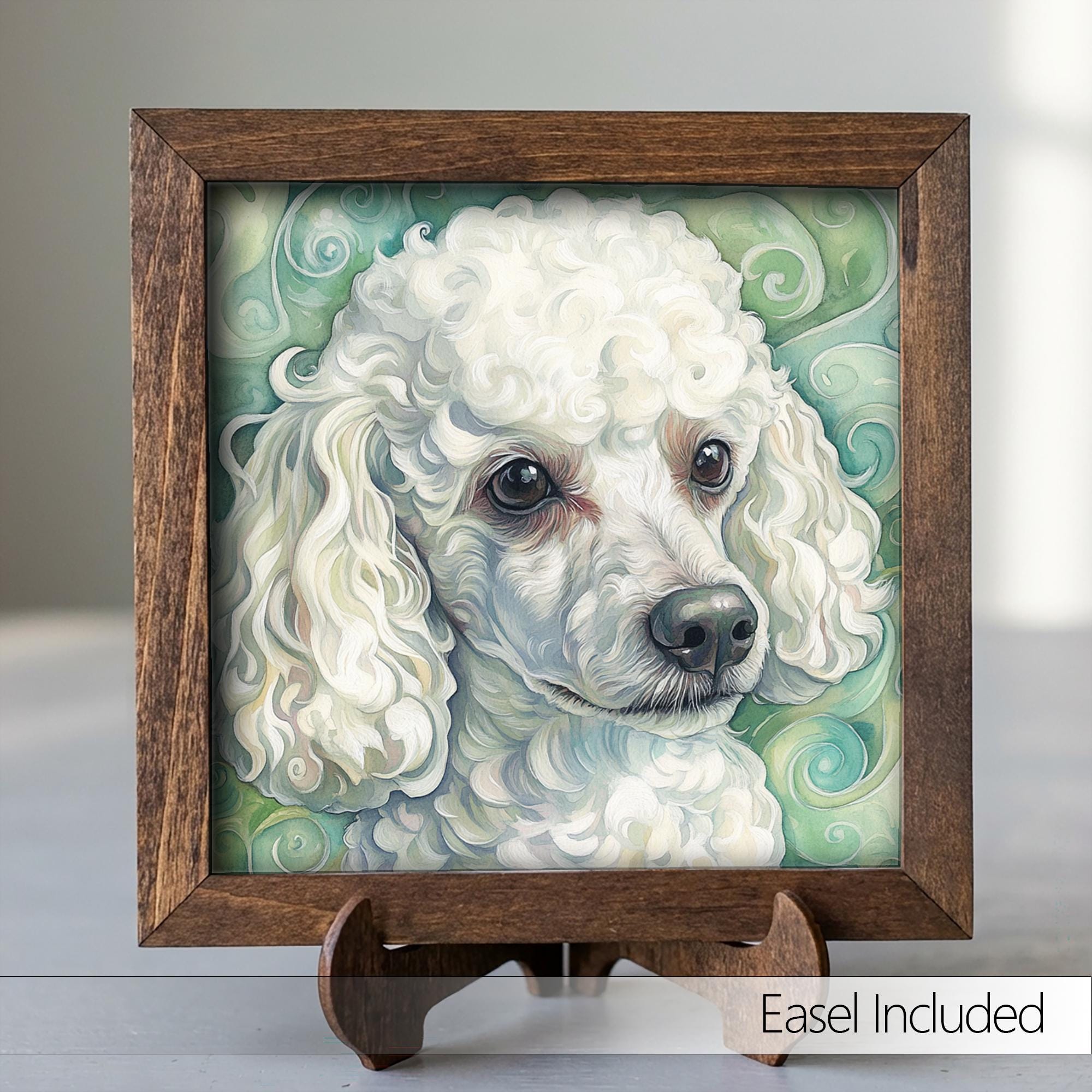 White Poodle Dog Framed Art, Watercolor Husky Portrait, 5.5 Inch Shelf Decor with Easel, Dog Lover Gift