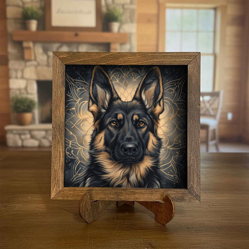 Classic Saddle Pattern German Shepherd Dog Framed Art, Watercolor German Shepherd Portrait, 5.5 Inch Shelf Decor with Easel, Dog Lover Gift
