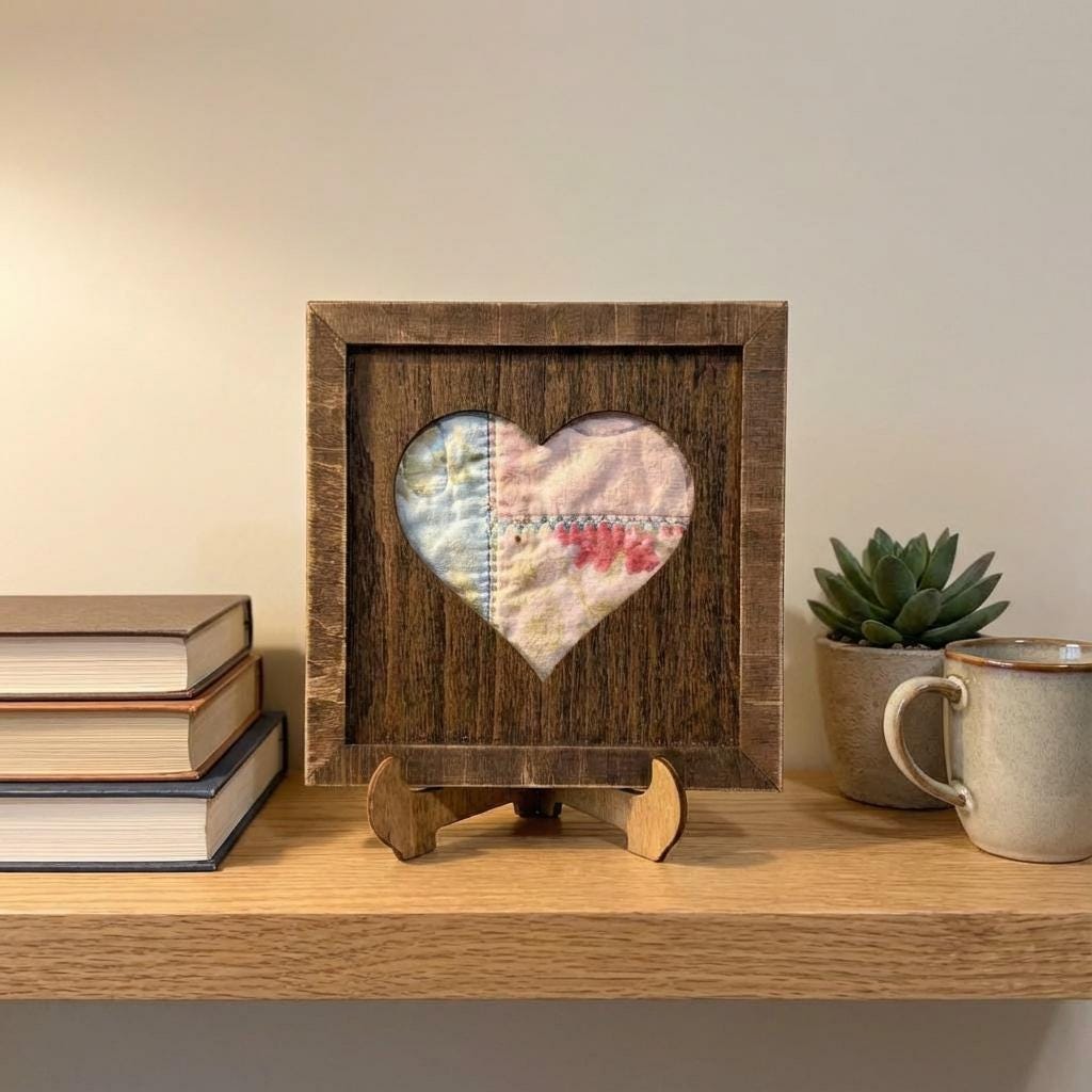 Reclaimed Quilt Heart Wood Sign and Easel – 5.5 Inch Rustic Valentine Decor – Handmade Quilt Fabric Heart – Farmhouse Home Decor