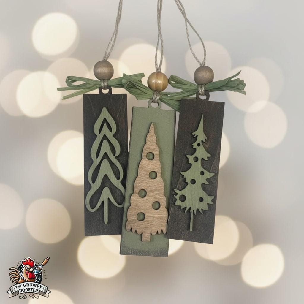 Rustic Christmas Tree Ornaments - Green Gray Brown Stained Vintage Gift Pack or Bulk Winter Tree Holiday Ornament Finished Handpainted