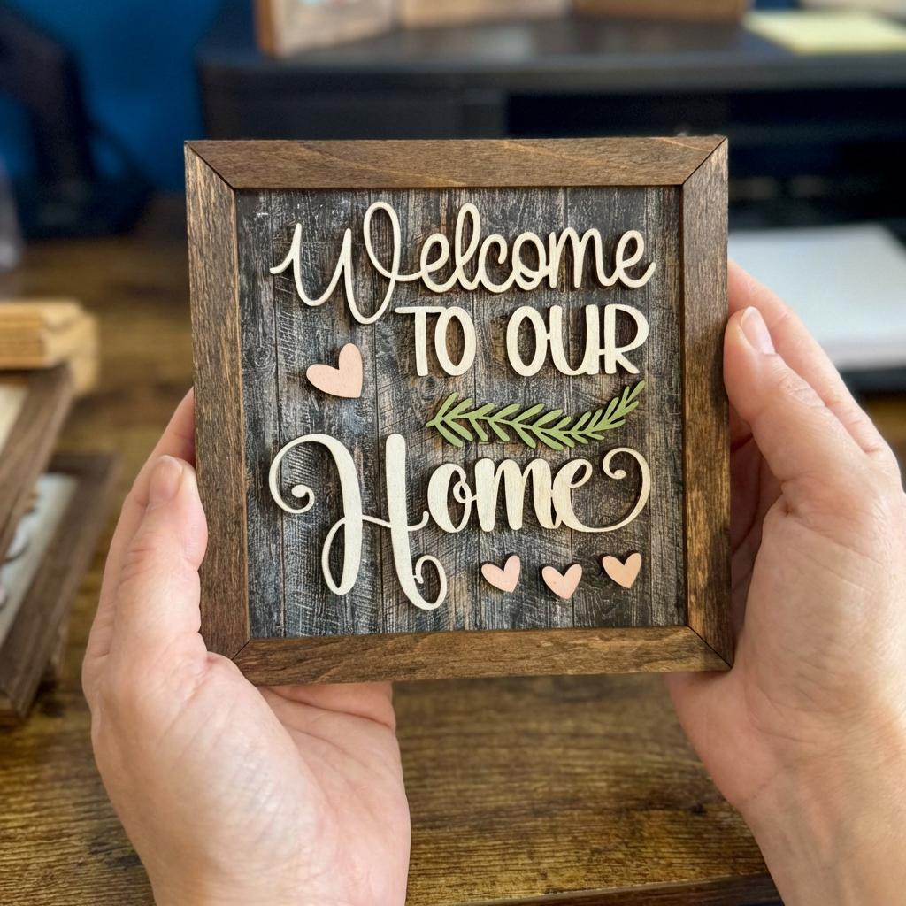 Welcome to Our Home Framed Wood Sign, Rustic Farmhouse Decor, Layered Wood Wall Art or Shelf Decor, Housewarming Gift