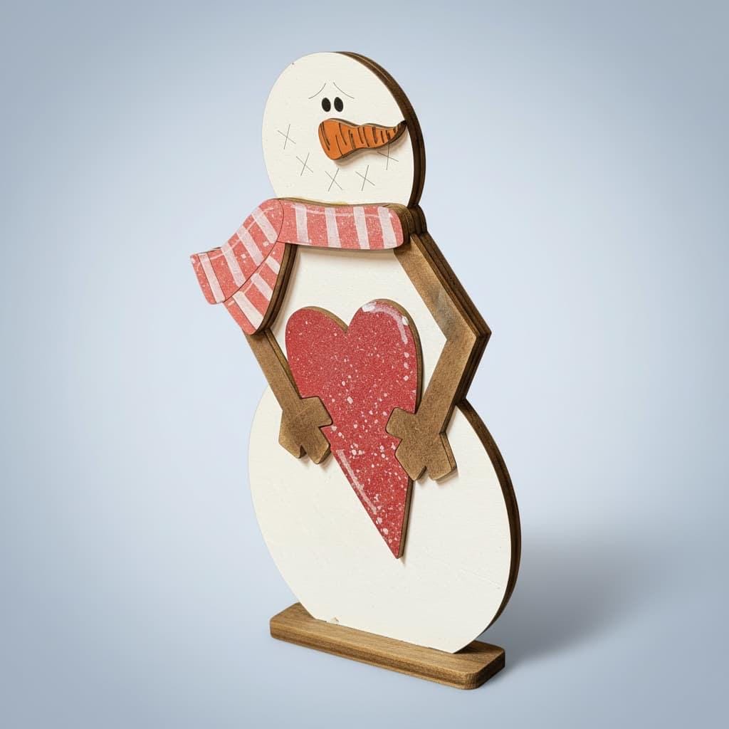 Handmade Snowman Shelf Sitter with Heart | Rustic Farmhouse Winter Decor | Valentine Snowman | 7 Inch Wood Shelf Sitter