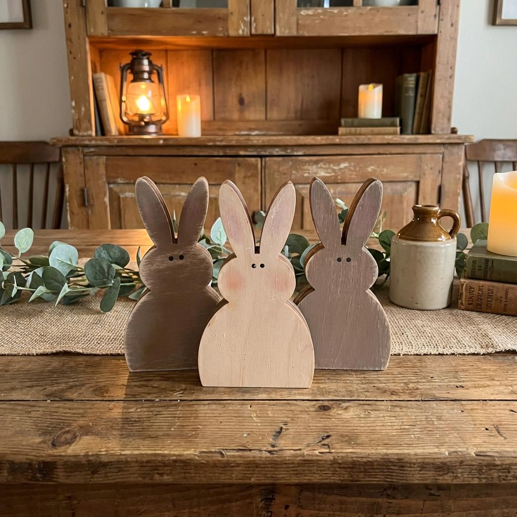 Neutral Mini Bunny Trio – Reversible Wooden Easter Bunnies – Rustic Farmhouse Tiered Tray Decor – 3 Inch Set