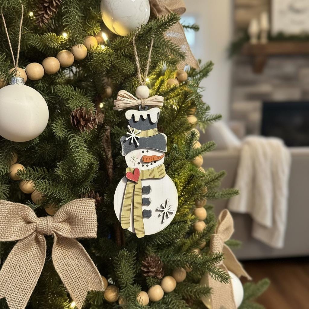Handmade Rustic Snowman Ornament - Perfect Christmas Tree Decoration, Farmhouse Winter Holiday Decor, Layered Wood Snowman, Handmade Gift