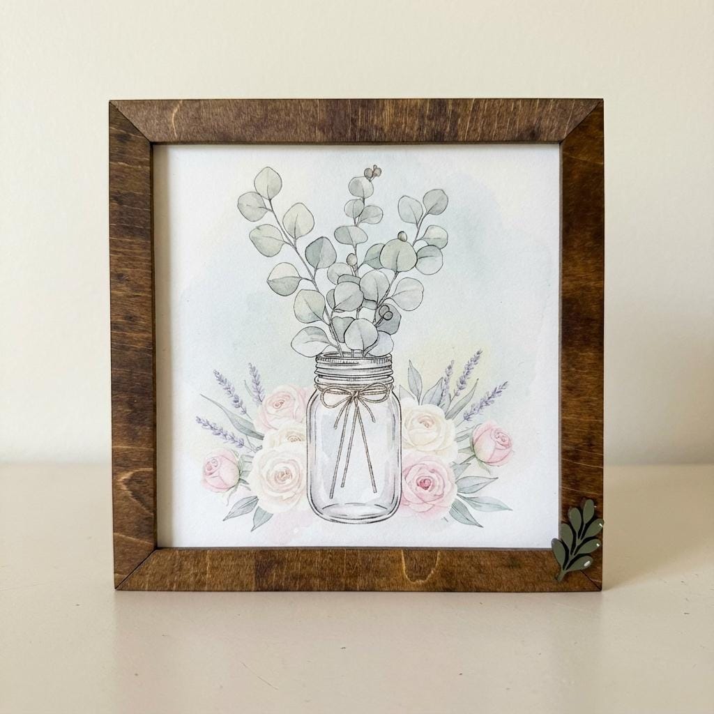 Eucalyptus Mason Jar Art Sign • Farmhouse Wood Frame Decor