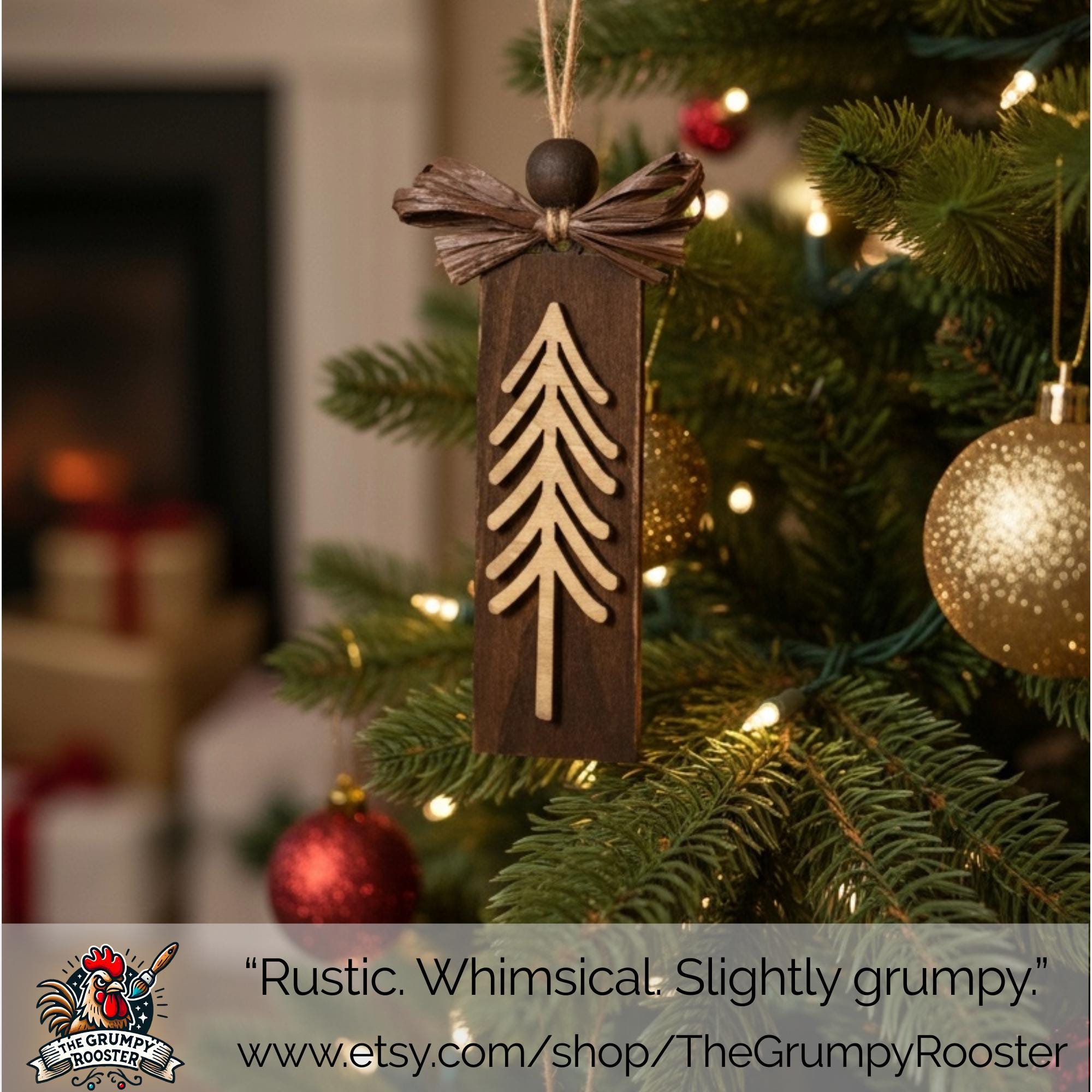 Rustic Evergreen Tree Ornaments – Set of 3 – Tall Layered Wood Design with Brown Bow – Limited Edition Handmade Christmas Decor