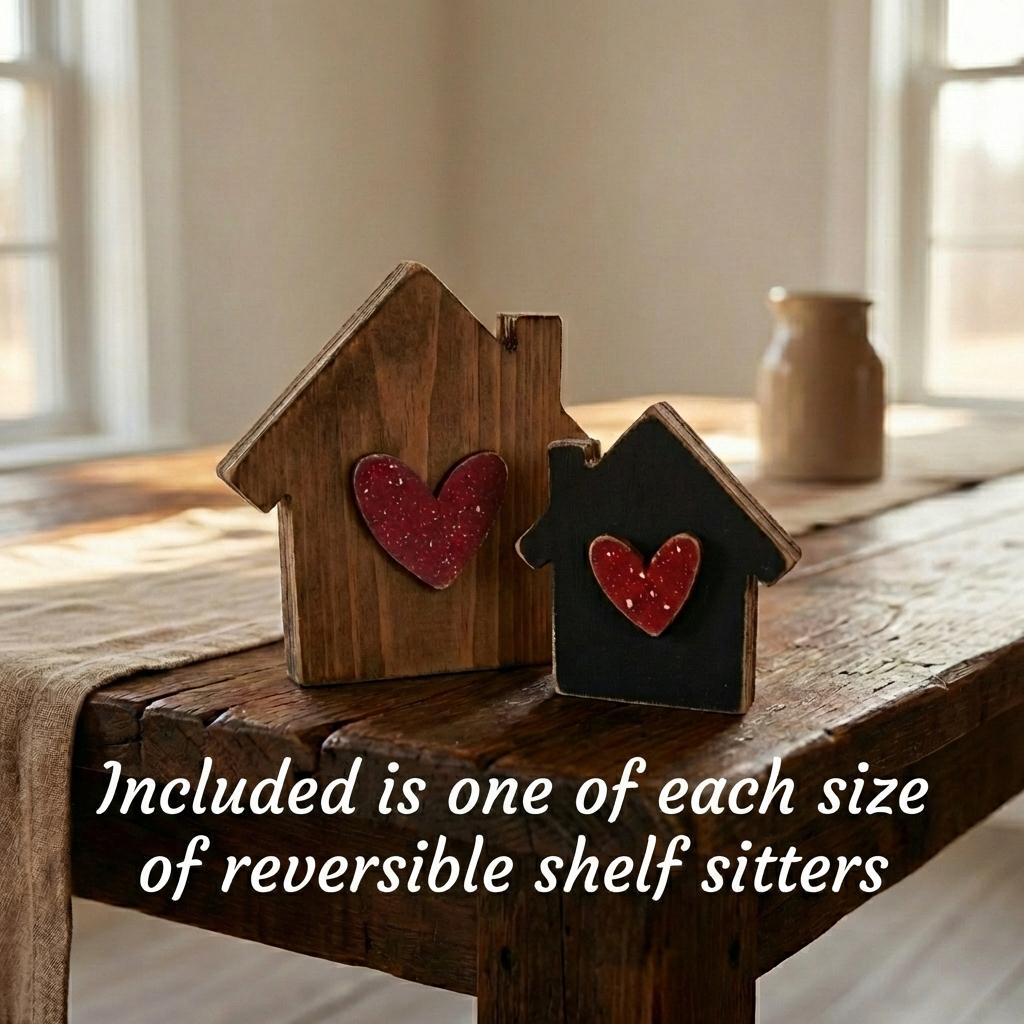 Reversible House Shelf Sitter Set, Rustic Home Decor Pair, Double-Sided Wood Houses with Hearts, Farmhouse Shelf Decor