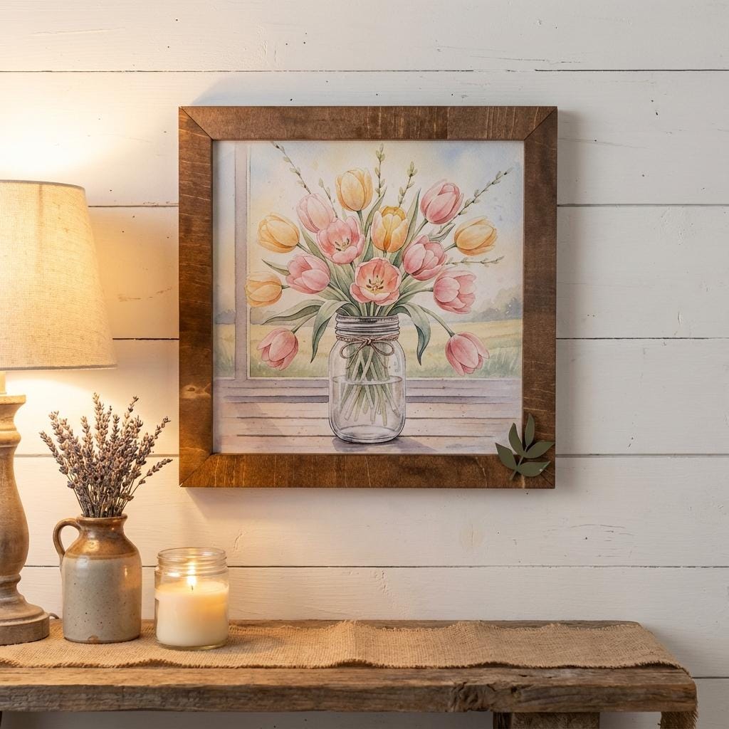 Tulip Mason Jar Wood Sign • Farmhouse Watercolor Floral Art
