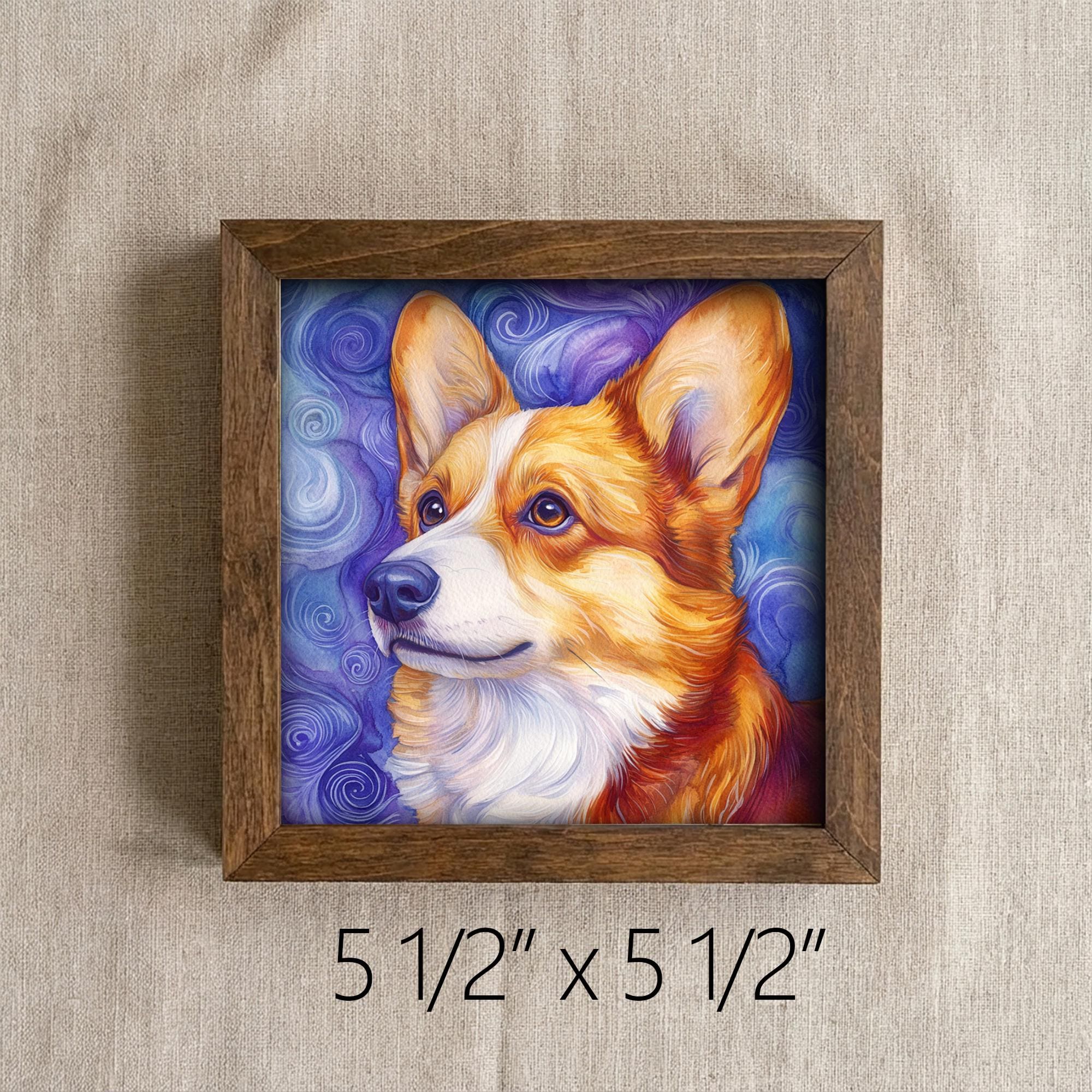 Red and white Corgi Dog Framed Art, Watercolor Corgi Portrait, 5.5 Inch Shelf Decor with Easel, Dog Lover Gift