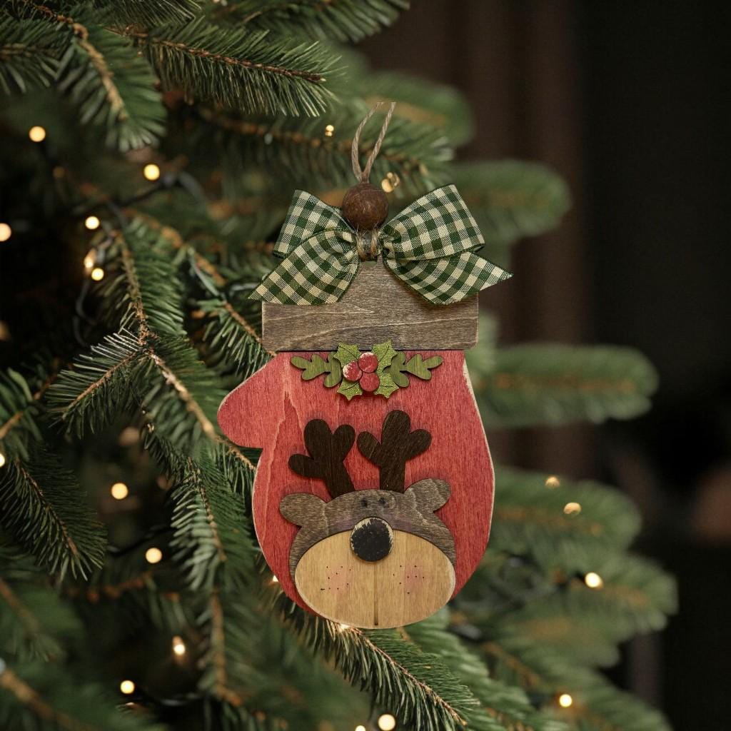 Hand Painted Mitten Ornament - Rustic Wood Christmas Decor - Beaded Hanger - Tree Ornament - OOAK Holiday Gift