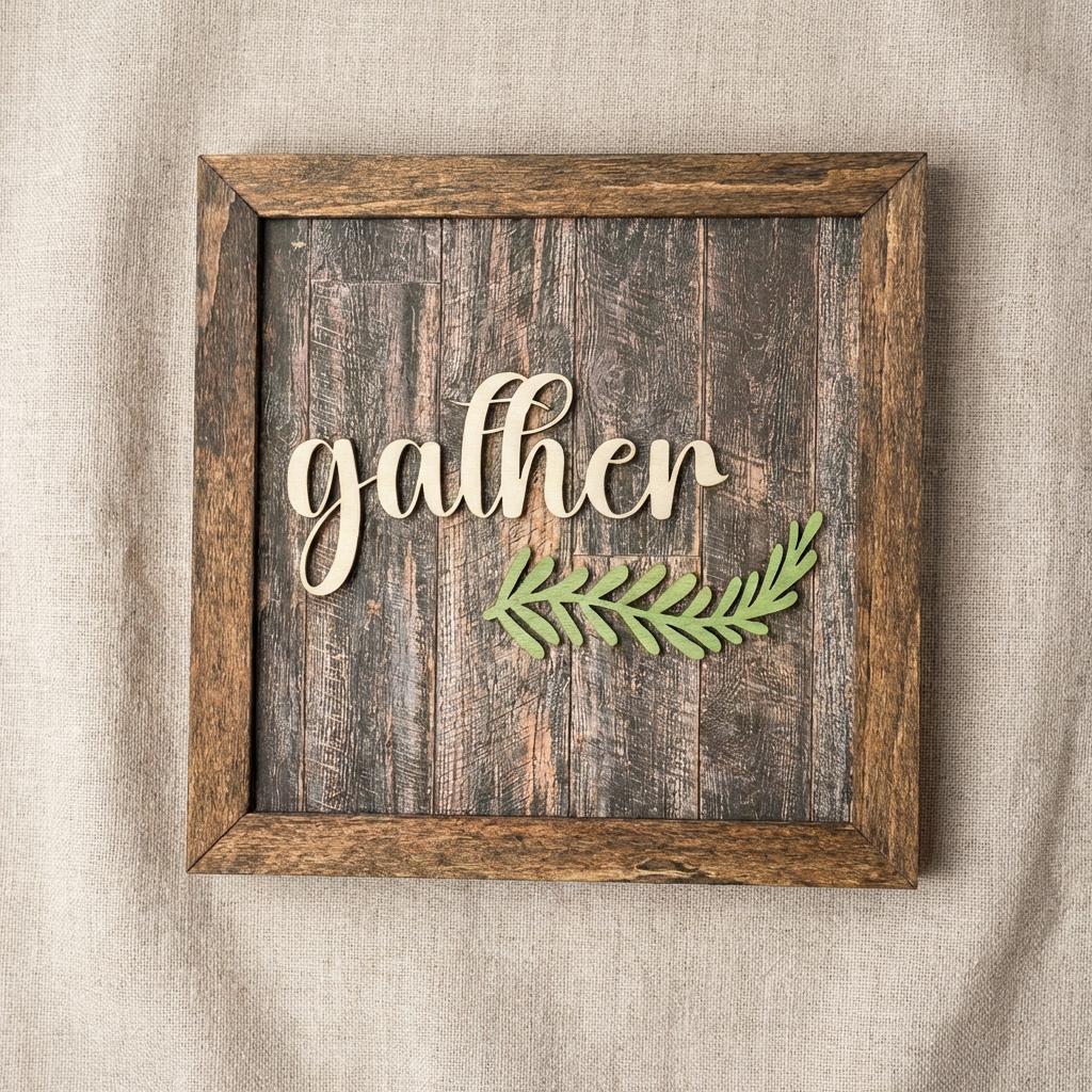 Gather Framed Wood Sign, Rustic Farmhouse Decor, Layered Wood Wall Art or Shelf Decor, Housewarming Gift