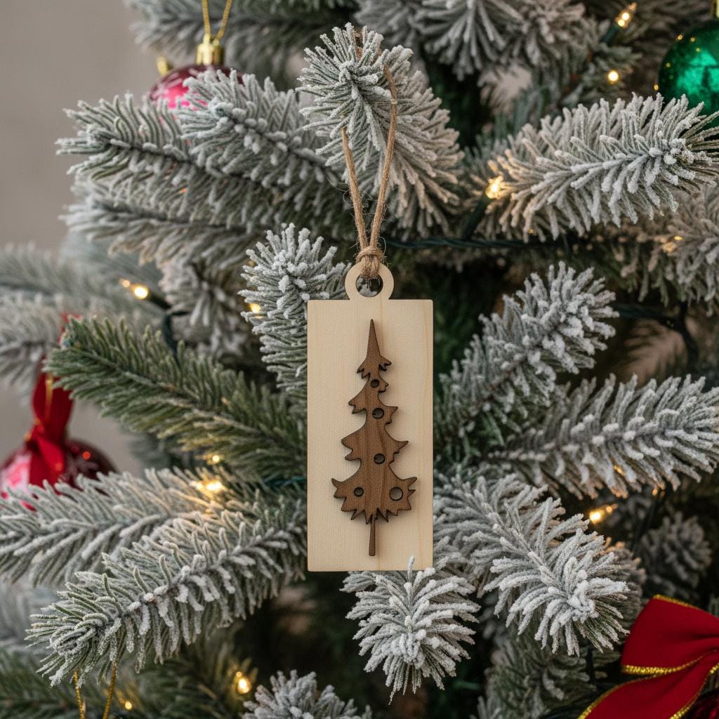 Rustic Mini Christmas Tree Ornaments – Set of 10 – Wooden Farmhouse Holiday Décor, Giftable in Gold Organza Bag, Stocking Stuffers