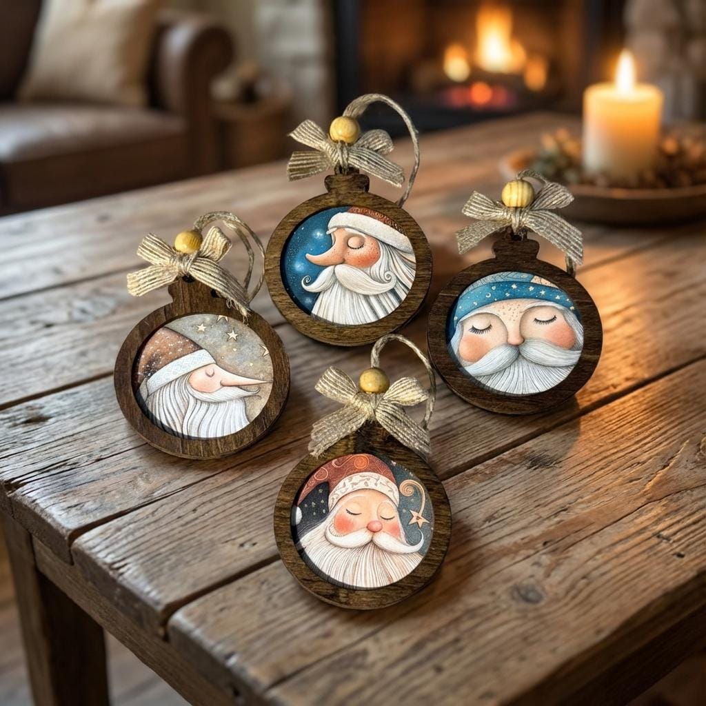 Rustic Santa Ornament Set of 4, Handcrafted Wood Christmas Ornaments, Farmhouse Holiday Decor, Santa Face Ornament Gift Set