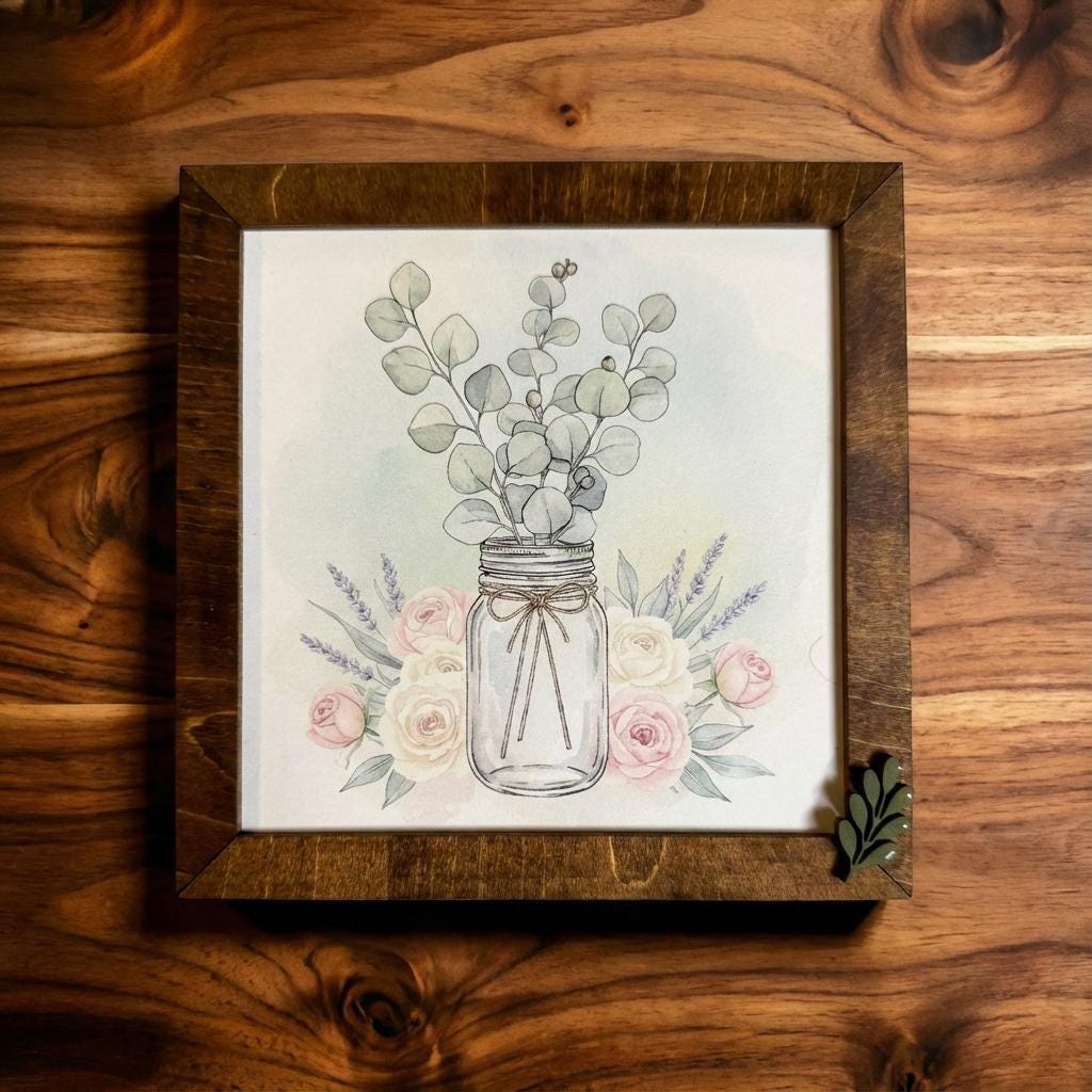 Eucalyptus Mason Jar Art Sign • Farmhouse Wood Frame Decor